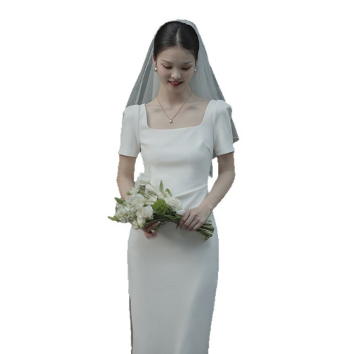 晚禮服2025新款法式方領短袖修身彈力長款領証訂婚小禮服連衣裙女