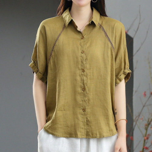 棉麻襯衫女夏短袖2025年新款夏季上衣百搭寬松大碼亞麻襯衣