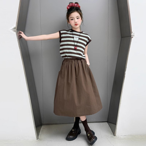 女童夏套裝2025新款兒童洋氣時髦條紋短袖夏裝大童夏季裙子兩件套
