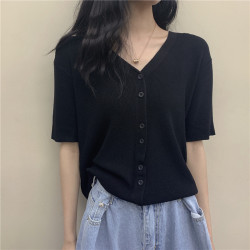 針織開衫女v領設計感小衆薄款寬松短袖港味復古色上衣洋氣時尚