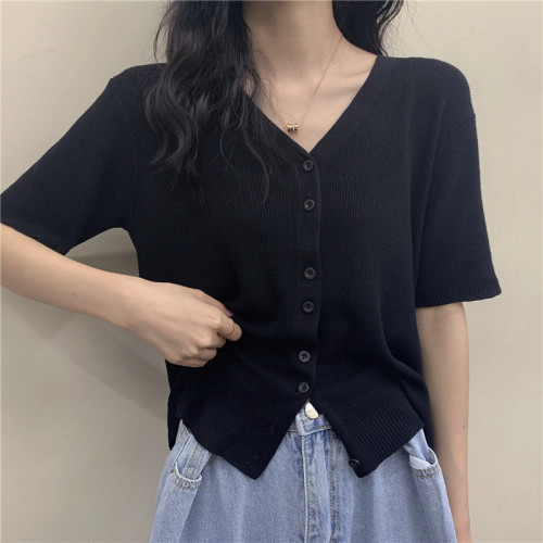 針織開衫女v領設計感小衆薄款寬松短袖港味復古色上衣洋氣時尚