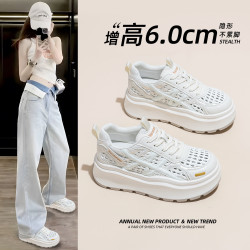 小白鞋女2025夏季新款鏤空網面透氣厚底增高百搭休閒運動老爹鞋子