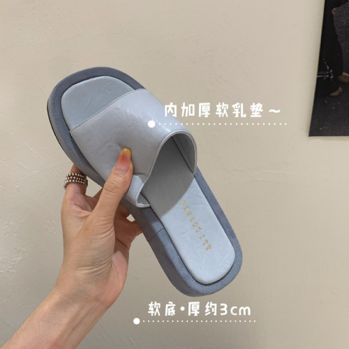 2025新款法式復古露趾厚底涼拖鞋女羅馬風外穿方頭簡約一字拖鞋