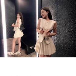 明星歐貨時尚馬甲套裝女夏季新韓版顯瘦小個子壓褶半身短裙兩件套