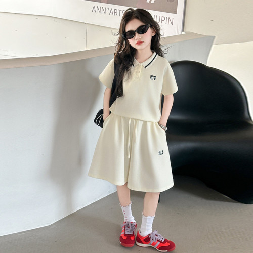 女童夏日套裝2025新款小女孩學院風短袖polo衫洋氣時髦夏裝兩件套