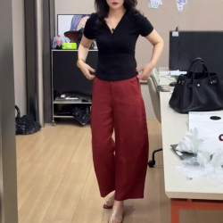 25371大愛美依緣2025夏季新款淨版V領短袖上衣高腰直筒褲時尚顯瘦