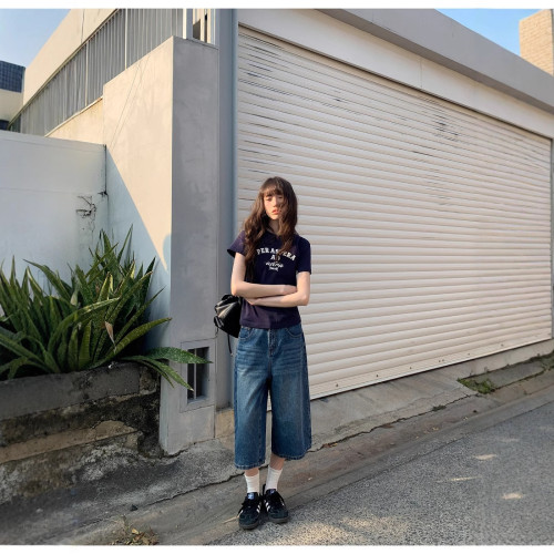 復古洗水牛仔中褲女夏季2025新款小個子寬松直筒濶腿褲