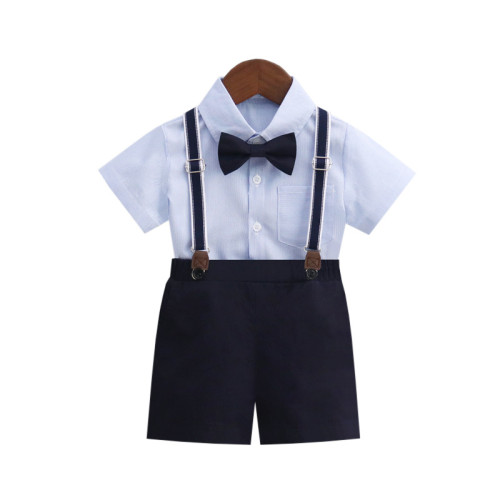 童裝 夏季男童短袖背帶褲套裝棉質白襯衫生日表演服兒童韓版衣服