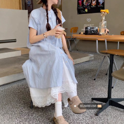 ccc新款藍色條紋短袖襯衫連衣裙女夏季韓版遮肉顯瘦寬松兩件套