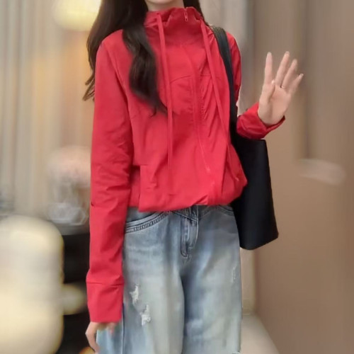 25073婕妤秀紅色連帽衣女2025夏季新款寬松顯瘦減齡休閒百搭短款