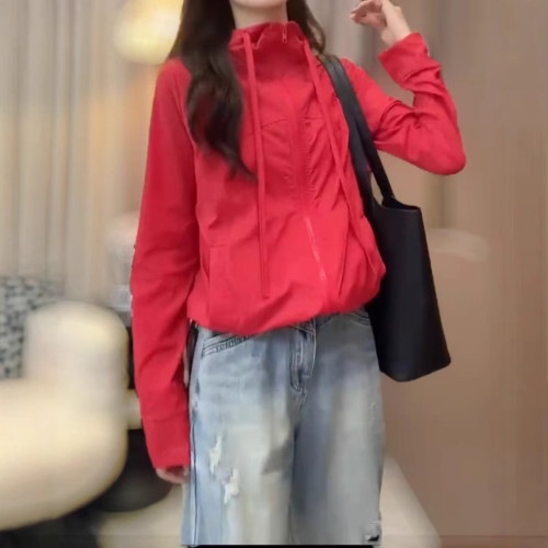 25073婕妤秀紅色連帽衣女2025夏季新款寬松顯瘦減齡休閒百搭短款