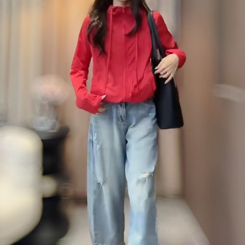 25073婕妤秀紅色連帽衣女2025夏季新款寬松顯瘦減齡休閒百搭短款