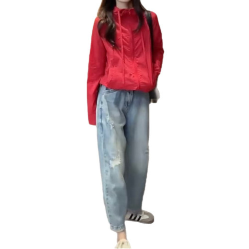 25073婕妤秀紅色連帽衣女2025夏季新款寬松顯瘦減齡休閒百搭短款