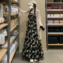 2025新款大碼女裝法式氣質高腰印花吊帶裙夏季薄紗開衫碎花套裝