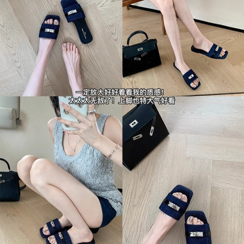 ~ 凱麗拖 法式方頭鎖扣一字平底度假沙灘拖鞋女涼拖外穿