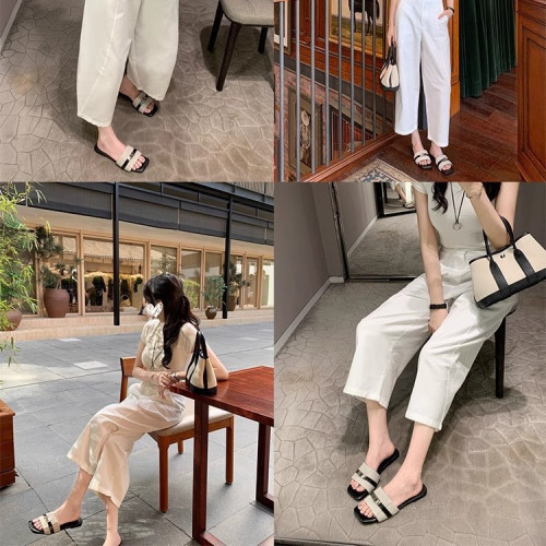 ~ 凱麗拖 法式方頭鎖扣一字平底度假沙灘拖鞋女涼拖外穿