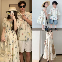 親子裝一家三口高級感夏季2025新款母女款連衣裙海邊度假花襯衫潮