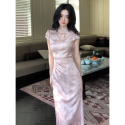 新中式國風粉色旗袍連衣裙女夏季2025新款氣質收腰顯瘦絕美長裙子