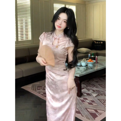 新中式國風粉色旗袍連衣裙女夏季2025新款氣質收腰顯瘦絕美長裙子