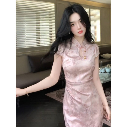 新中式國風粉色旗袍連衣裙女夏季2025新款氣質收腰顯瘦絕美長裙子