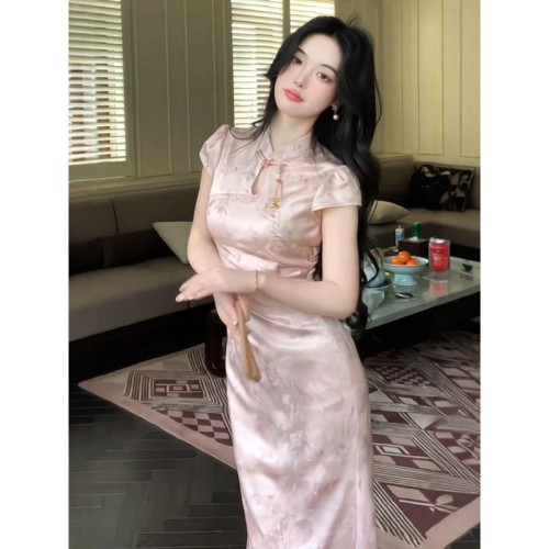 新中式國風粉色旗袍連衣裙女夏季2025新款氣質收腰顯瘦絕美長裙子
