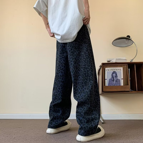 夏季薄款豹紋牛仔褲男直筒復古休閒潮牌日系痞帥高街運動水洗褲子