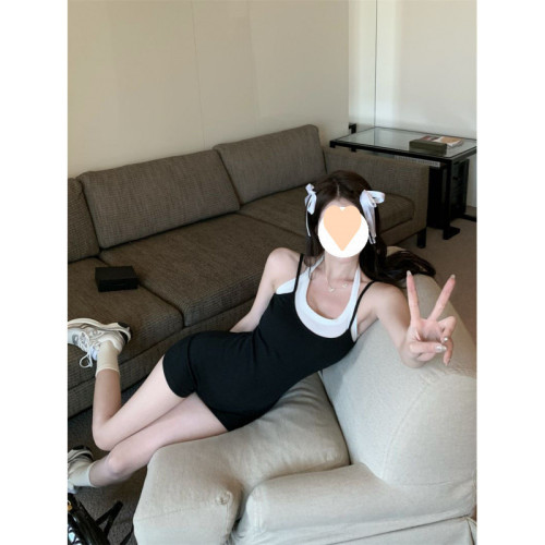 黑色吊帶連體休閒短褲女夏季辣妹高腰顯瘦性感修身濶腿褲