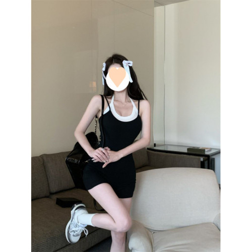黑色吊帶連體休閒短褲女夏季辣妹高腰顯瘦性感修身濶腿褲