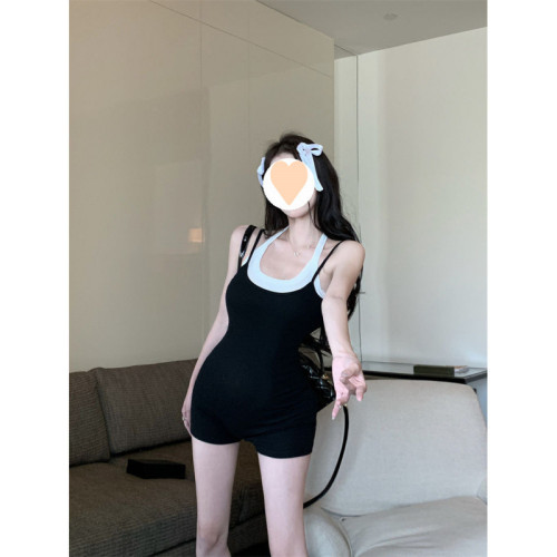 黑色吊帶連體休閒短褲女夏季辣妹高腰顯瘦性感修身濶腿褲