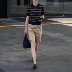 660511大愛美依緣2025夏季新款繙領條紋短袖polo衫高腰短褲顯瘦女