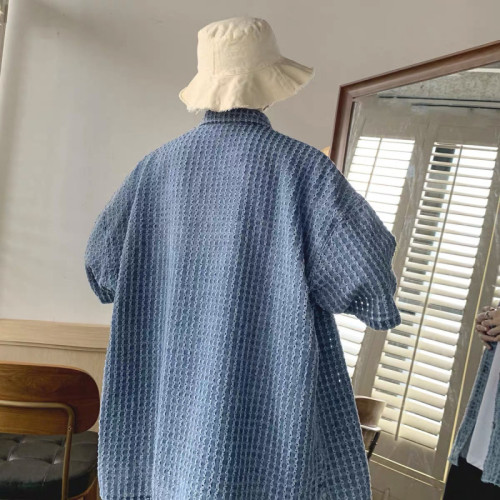 夏季小香風牛仔襯衫男士韓版短袖襯衣ins設計感寬松休閒痞帥上衣