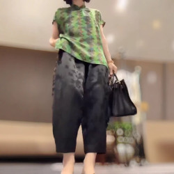 25080婕妤秀2025夏季新款提花新中式國風撞色顯瘦小衫褲子女