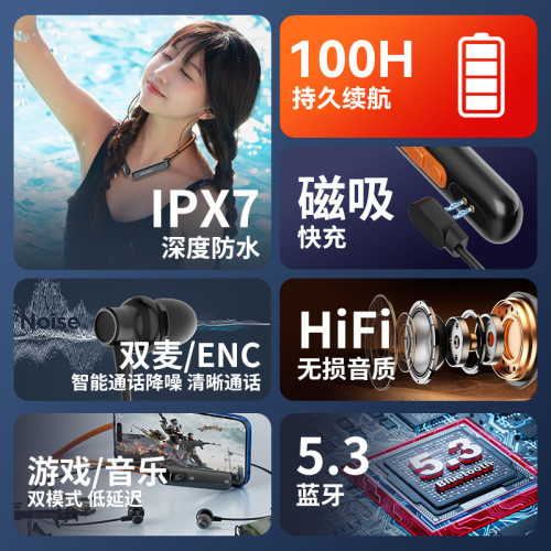 新品掛脖入耳式無線藍牙耳機IPX7防水ANC降噪長續航運動遊戯耳機