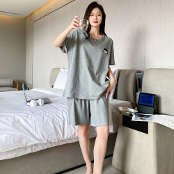 夏秋新款大碼睡衣套裝印花短袖女士家居服可外穿加大加肥透氣親膚