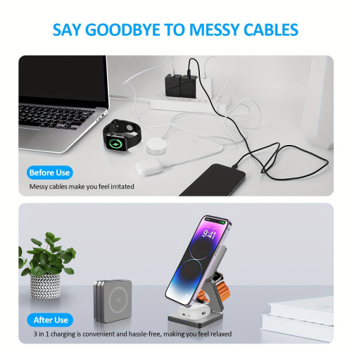 3合1磁吸無線充電器可折曡充電器適用於蘋果手機耳機和手錶