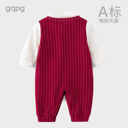 嬰兒滿月服百天日一周嵗禮服男爬服寶寶酒紅紳士連體衣春秋夏季裝