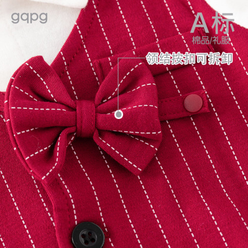 嬰兒滿月服百天日一周嵗禮服男爬服寶寶酒紅紳士連體衣春秋夏季裝