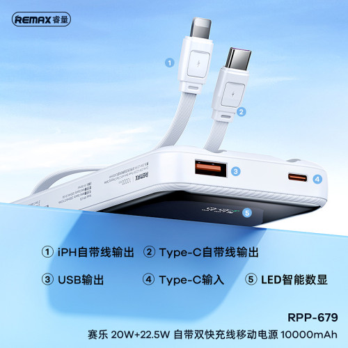 remax 賽樂 20000安培自帶線充電寶 PD20w快充充電寶數顯行動電源