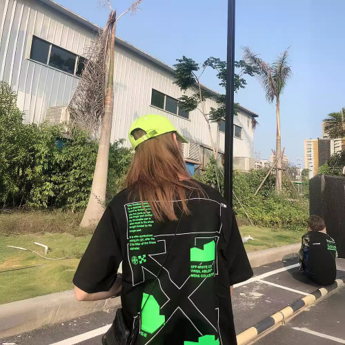 off短袖ow潮牌溶解箭頭漸變星空潑墨T恤黃色膠帶警戒線情侶裝