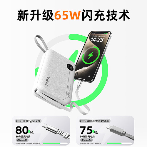 WPA 65W氮化鎵AC牆插充電寶自帶80cm伸縮線20000安培行動電源