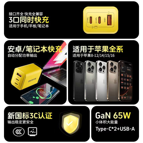 【高級芯片】倍魔65W氮化鎵充電器三口快速充電器適用於蘋果華爲.