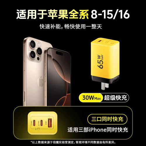 【高級芯片】倍魔65W氮化鎵充電器三口快速充電器適用於蘋果華爲.