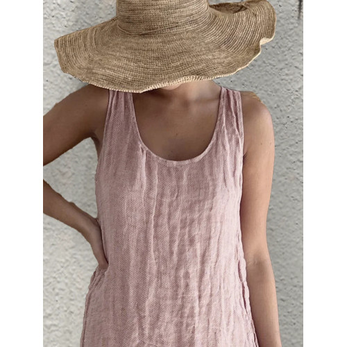 獨立站 wish新品無袖圓領夏季棉麻休閒寬松連衣裙女口袋