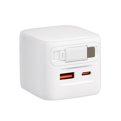 30W PD氮化鎵3C雙口充電器 自帶伸縮線適用於TypeC蘋果手機快充線