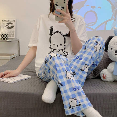 短袖長褲睡衣女針織棉質圓領卡通可愛家居服2024韓版休閒家居服夏