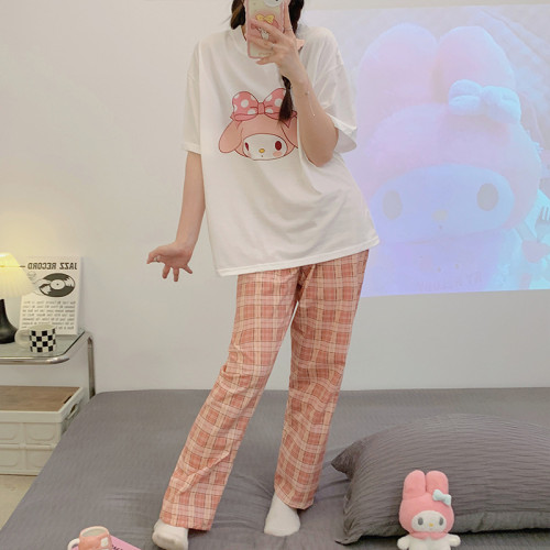短袖長褲睡衣女針織棉質圓領卡通可愛家居服2024韓版休閒家居服夏