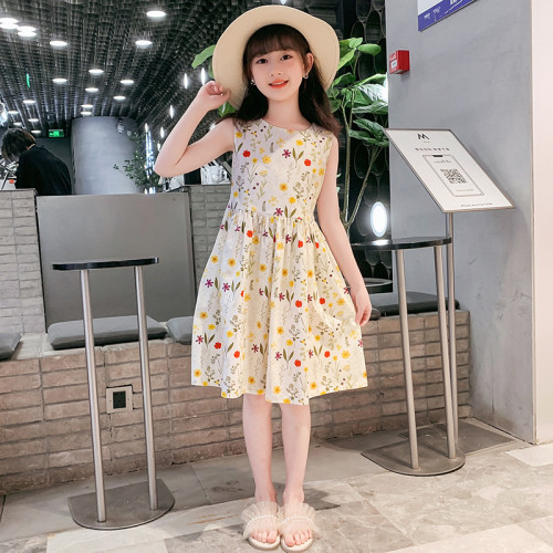 女童夏季全棉連衣裙碎花純棉公主長裙腰帶收腰田園風暑假旅遊度假