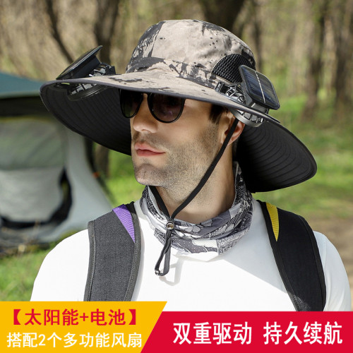 可拆卸太陽能充電風扇內嵌式大沿帽子夏季戶外遮陽帽男登山釣魚帽