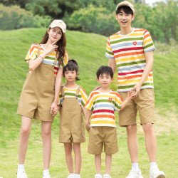 一家三四口網紅親子裝2025夏季條紋兒童短袖上衣韓版母女背帶褲潮