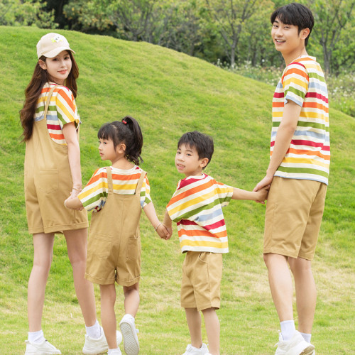 一家三四口網紅親子裝2025夏季條紋兒童短袖上衣韓版母女背帶褲潮